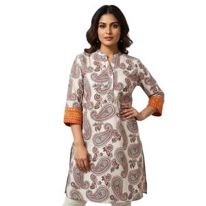 STOP Paisley Print Indian Kurta Tunic Unisex Side Slit Hi Lo Size Medium